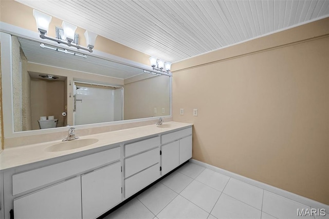 430 Cap Au Gris St, Troy, MO 63379 - full bathroom with double vanity, tile patterned flooring, toilet, baseboards, and wood ceiling