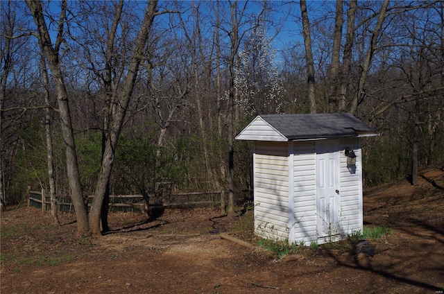 1077 Creech School Rd, Troy, MO 63379 - view of shed featuring a forest view and fence