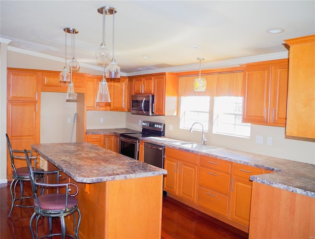 1077 Creech School Rd, Troy, MO 63379 - kitchen with appliances with stainless steel finishes, a sink, dark wood-style flooring, a breakfast bar area, and ornamental molding