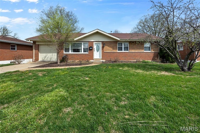 9748 Mackenzie Rd, Saint Louis, MO 63123 - ranch-style home with brick siding, an attached garage, concrete driveway, entry steps, and a front yard