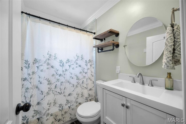 9748 Mackenzie Rd, Saint Louis, MO 63123 - bathroom with ornamental molding, toilet, vanity, and curtained shower