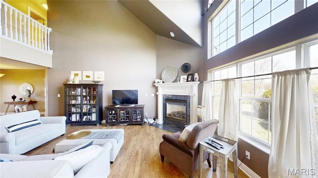 living area featuring high vaulted ceiling, wood finished floors, a fireplace, and plenty of natural light