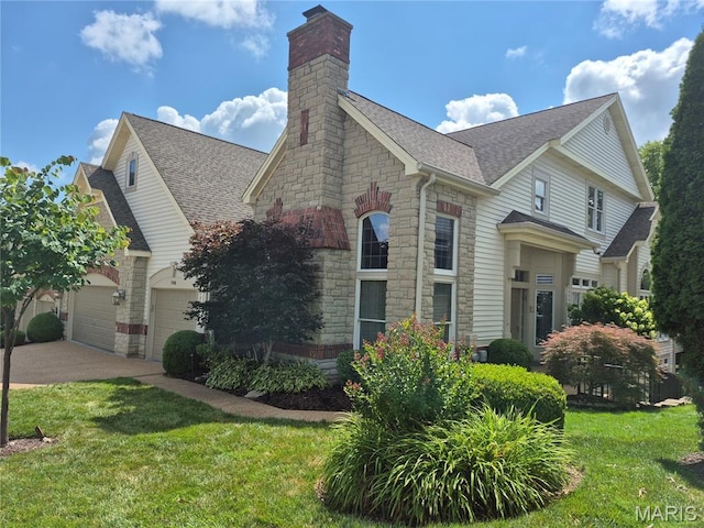 740 Stonebluff Ct, Chesterfield, MO 63005 - view of property exterior featuring stone siding, roof with shingles, driveway, a lawn, and a chimney