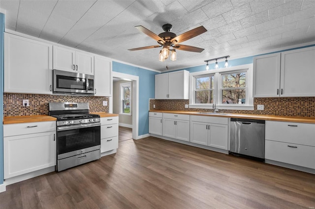 kitchen with appliances with stainless steel finishes, wood counters, a sink, and healthy amount of natural light