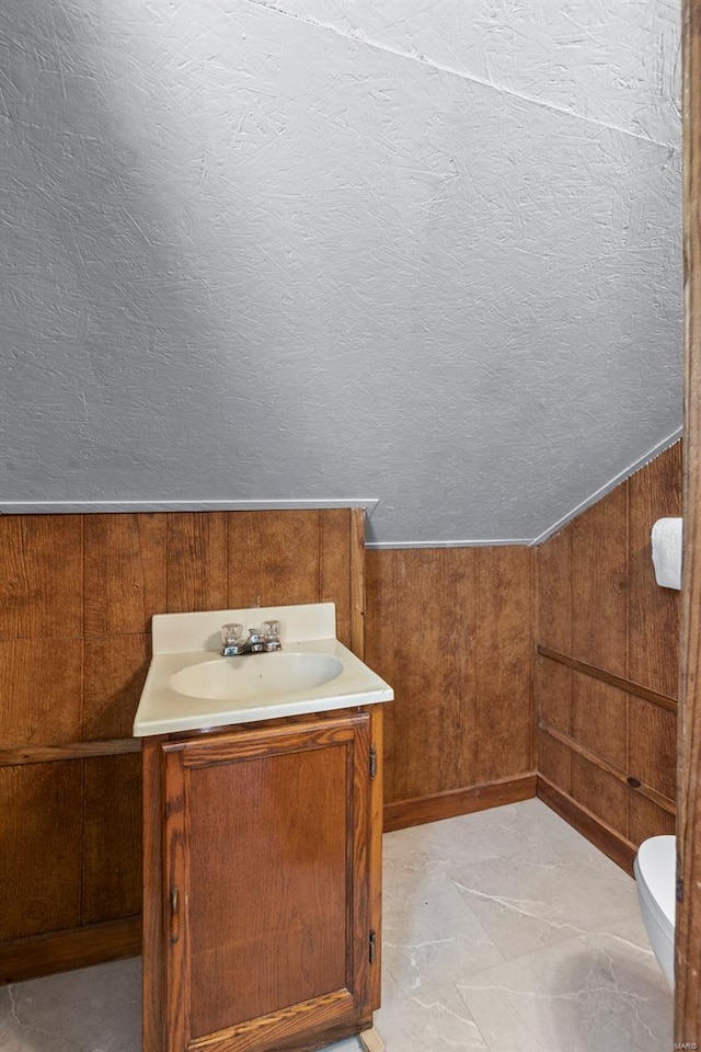 half bath with vanity, wood walls, and toilet