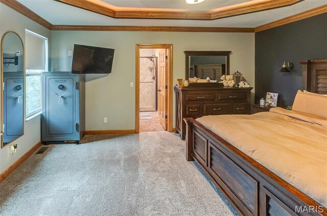5829 Marine Rd, Alhambra, IL 62201 - bedroom featuring ornamental molding, light carpet, baseboards, a tray ceiling, and ensuite bathroom