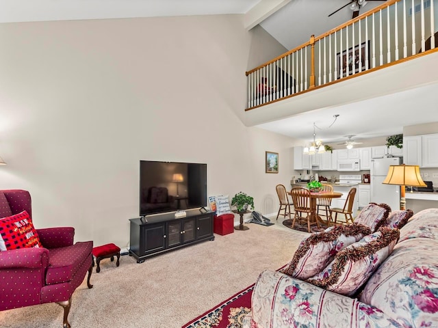 931 Georgetowne Dr, Ofallon, IL 62269 - carpeted living room featuring a ceiling fan, high vaulted ceiling, and beamed ceiling