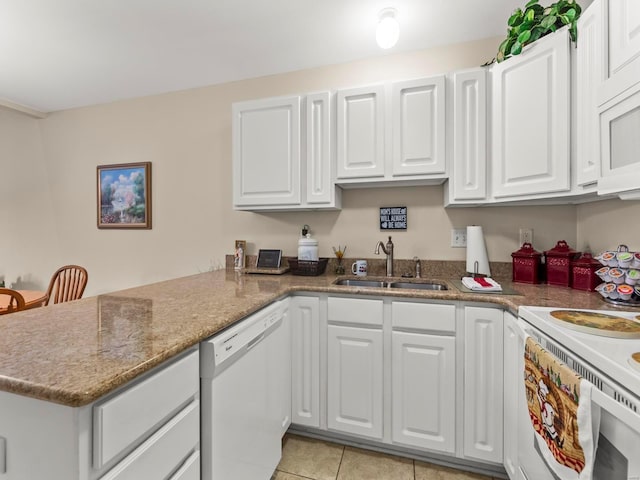 931 Georgetowne Dr, Ofallon, IL 62269 - kitchen featuring a sink, white appliances, a peninsula, white cabinets, and light tile patterned flooring