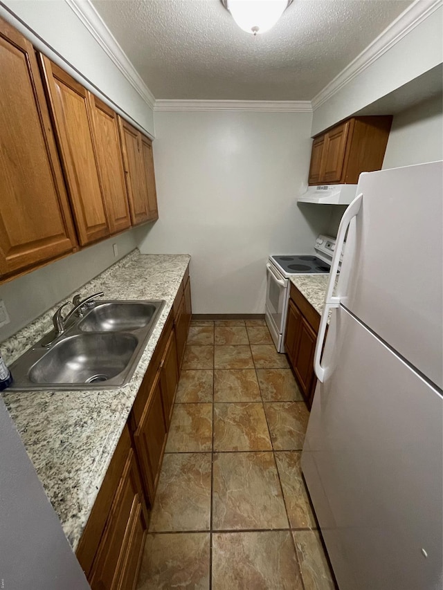769 Walton Ave Unit 3, Saint Louis, MO 63108 - kitchen with white appliances, a sink, ornamental molding, brown cabinets, and under cabinet range hood