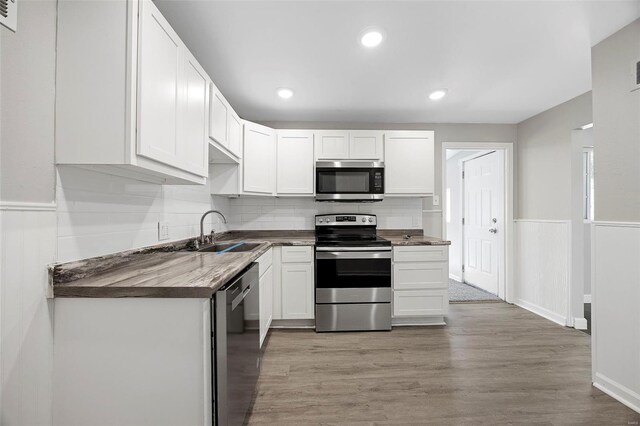 9218 Ellison Dr, Saint Louis, MO 63136 - kitchen featuring stainless steel appliances, a sink, white cabinets, a wainscoted wall, and light wood-style floors