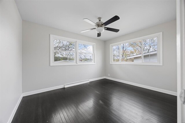9218 Ellison Dr, Saint Louis, MO 63136 - empty room with a baseboard radiator, dark wood-style floors, baseboards, and a ceiling fan