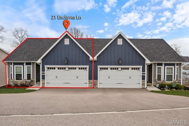 21 Enclaves Ln, Four Seasons, MO 65049 - view of front of property with board and batten siding, a garage, asphalt driveway, stone siding, and roof with shingles