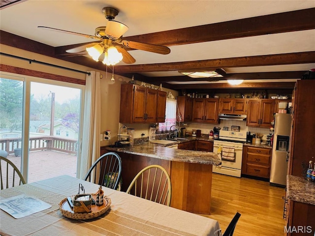 1423 Shelley Dr, Vandalia, IL 62471 - kitchen featuring white gas range, stainless steel fridge, under cabinet range hood, a sink, and a peninsula