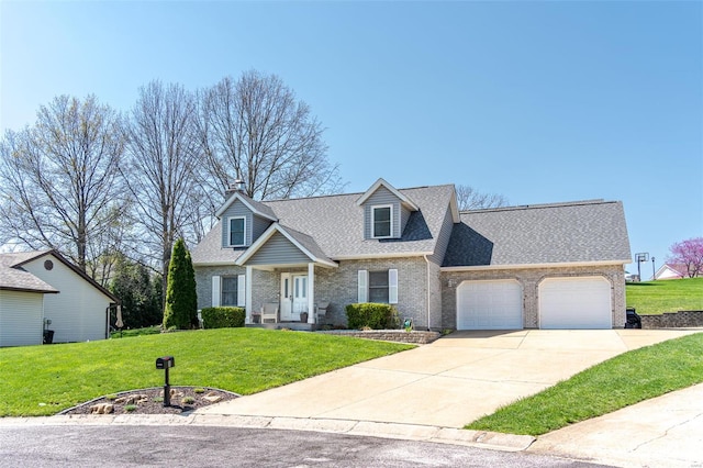 8 Nick Ridge Dr, Washington, MO 63090 - cape cod home featuring brick siding, an attached garage, a front lawn, and a shingled roof