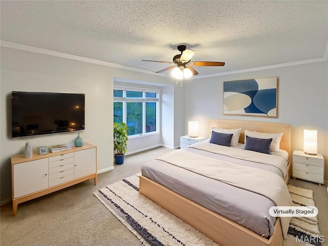 26 Thistledale Ct Unit H, Saint Peters, MO 63376 - carpeted bedroom with ornamental molding, a textured ceiling, and ceiling fan