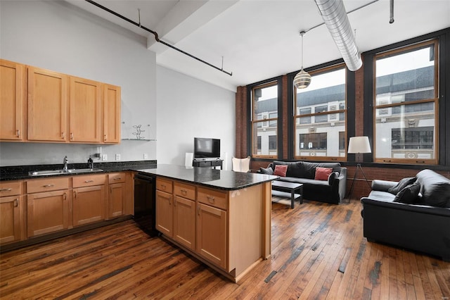 kitchen with a sink, dishwasher, a peninsula, dark wood-style floors, and open floor plan