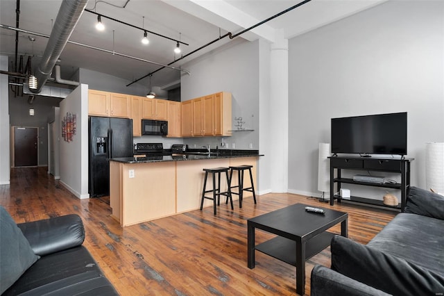living area featuring a high ceiling, baseboards, and dark wood finished floors