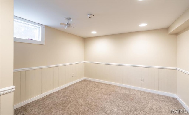 11 Rolla Gardens Dr, Rolla, MO 65401 - basement with carpet flooring, a wainscoted wall, and recessed lighting