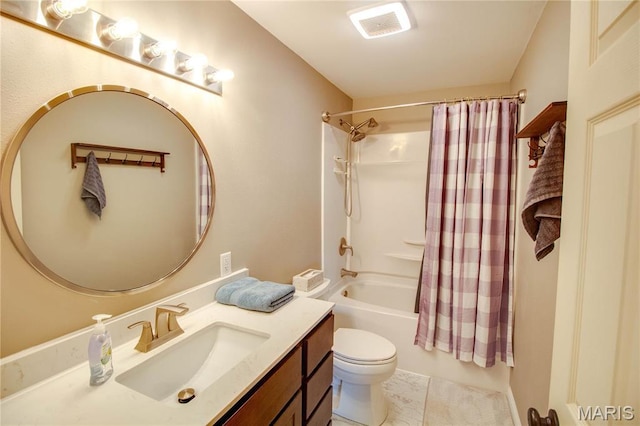 full bath with shower / bath combination with curtain, toilet, vanity, and tile patterned flooring