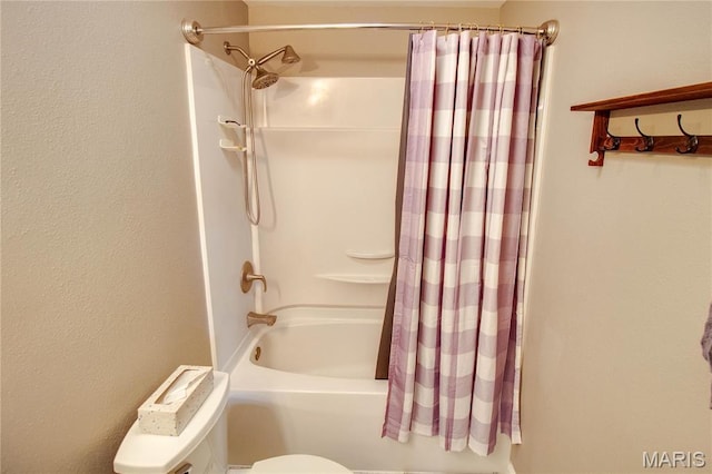 full bathroom with toilet and shower / bath combination with curtain