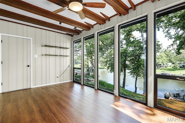 135 Hollyhock Ln, Edwardsville, IL 62025 - unfurnished sunroom featuring a ceiling fan and beamed ceiling