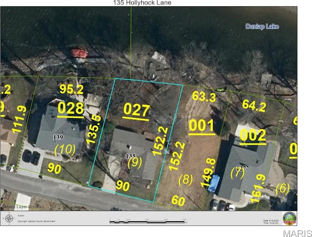 135 Hollyhock Ln, Edwardsville, IL 62025 - aerial map of property and surrounding area with property boundaries highlighted