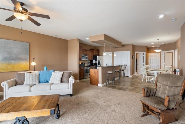 18011 Blue Anchor Dr Unit 132, Gravois Mills, MO 65037 - carpeted living area with a ceiling fan, baseboards, and recessed lighting