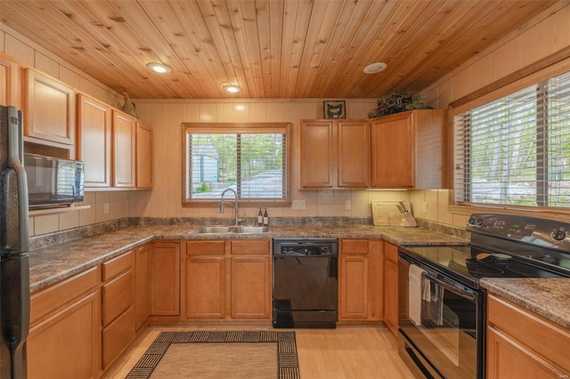 2099 Meadow Valley Dr, Innsbrook, MO 63390 - kitchen featuring black appliances, a sink, wood ceiling, light wood finished floors, and recessed lighting