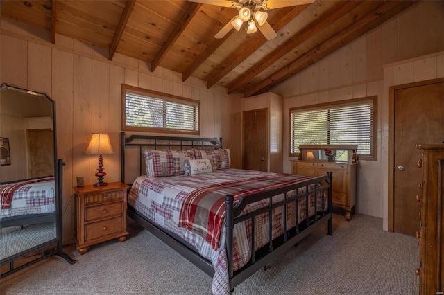 2099 Meadow Valley Dr, Innsbrook, MO 63390 - bedroom featuring multiple windows, light carpet, wooden ceiling, and wood walls