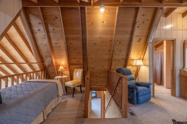 2099 Meadow Valley Dr, Innsbrook, MO 63390 - bedroom featuring wood ceiling, carpet, and wood walls