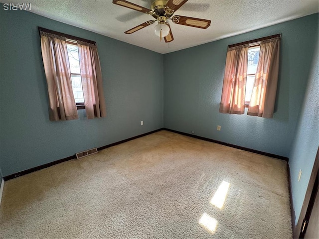 13899 Riverview Dr, New London, MO 63459 - unfurnished room featuring plenty of natural light, carpet, ceiling fan, and a textured ceiling