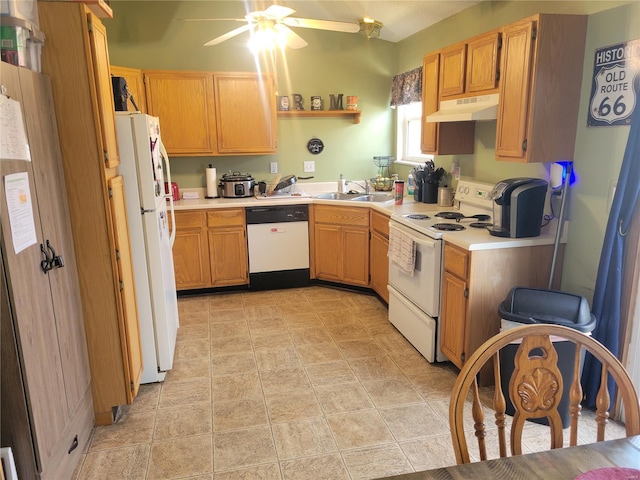 100 Grand Central Dr, Union, MO 63084 - kitchen with white appliances, under cabinet range hood, light countertops, a sink, and ceiling fan