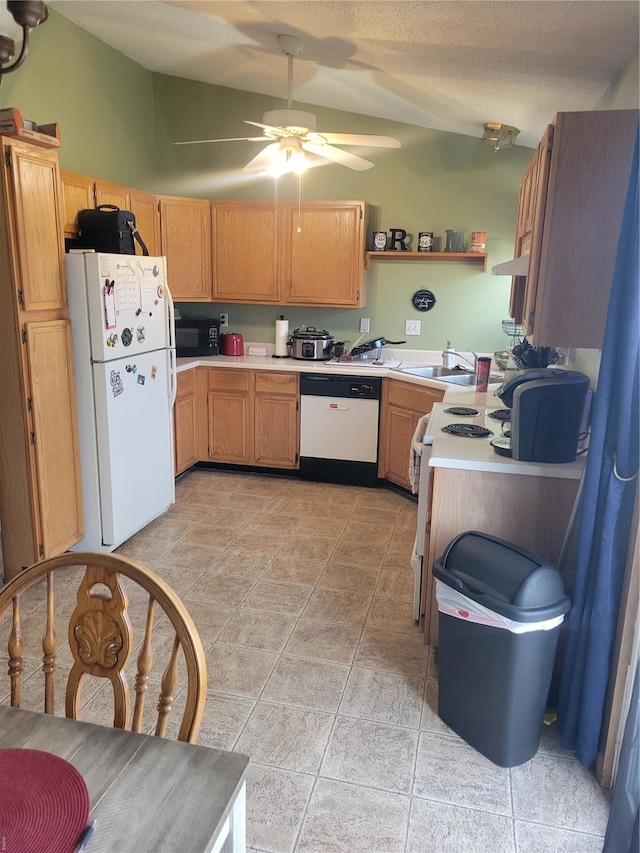 100 Grand Central Dr, Union, MO 63084 - kitchen with white appliances, lofted ceiling, light countertops, ceiling fan, and open shelves