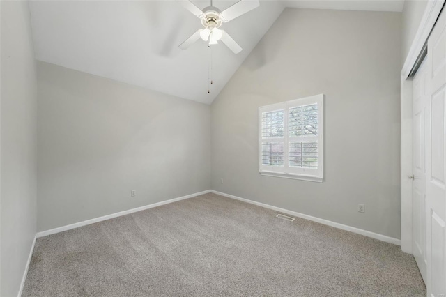 7426 Whitehall Colonial Ln, Saint Louis, MO 63119 - unfurnished bedroom with carpet floors, a closet, baseboards, high vaulted ceiling, and ceiling fan