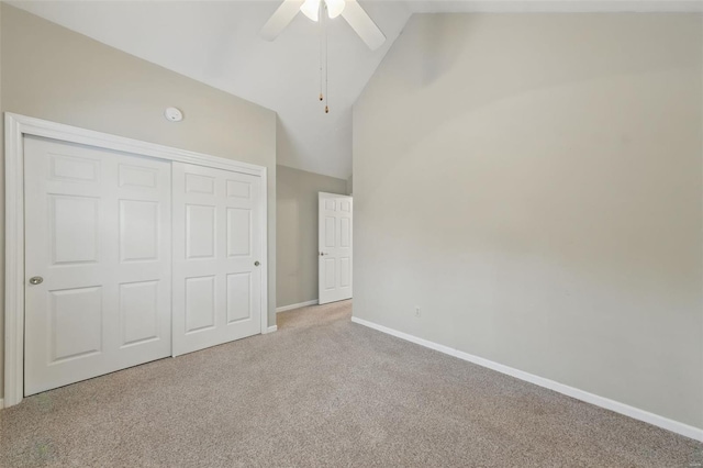 7426 Whitehall Colonial Ln, Saint Louis, MO 63119 - unfurnished bedroom featuring carpet flooring, vaulted ceiling, baseboards, a closet, and a ceiling fan