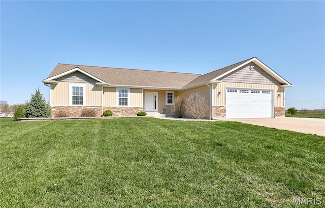 34 Moore Estates Ct, Troy, MO 63379 - single story home featuring stone siding, concrete driveway, an attached garage, a front lawn, and board and batten siding