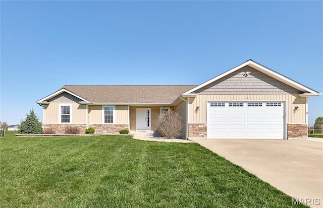 34 Moore Estates Ct, Troy, MO 63379 - ranch-style home featuring stone siding, concrete driveway, a garage, a front yard, and board and batten siding