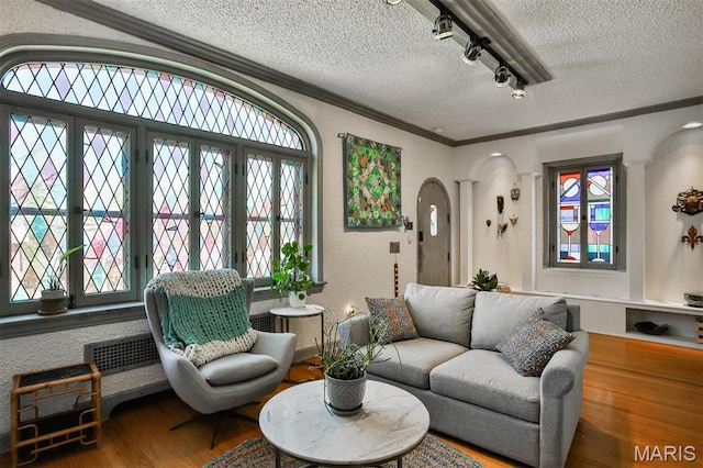 7414 Bruno Ave, Saint Louis, MO 63117 - living area with arched walkways, a textured ceiling, track lighting, wood finished floors, and plenty of natural light