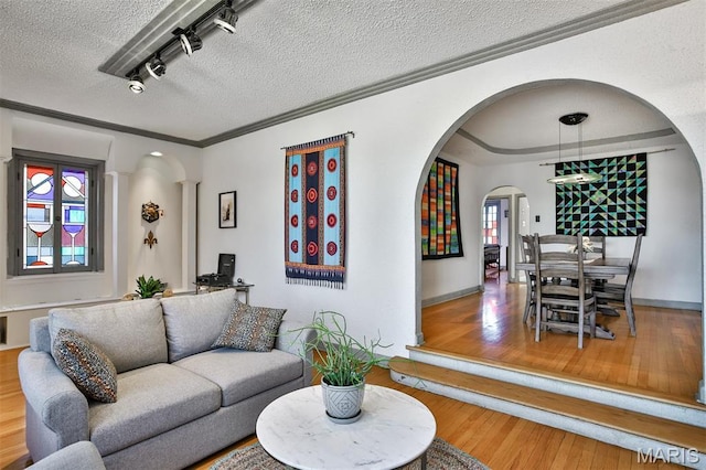 7414 Bruno Ave, Saint Louis, MO 63117 - living area with arched walkways, a textured ceiling, ornamental molding, wood finished floors, and track lighting