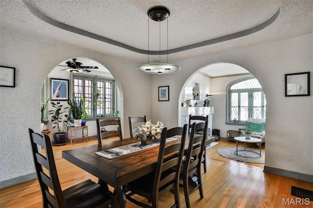 7414 Bruno Ave, Saint Louis, MO 63117 - dining space with a textured ceiling, plenty of natural light, light wood finished floors, a raised ceiling, and arched walkways