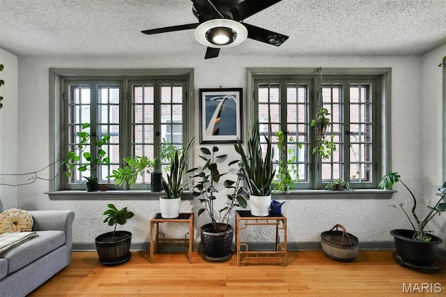7414 Bruno Ave, Saint Louis, MO 63117 - sitting room with plenty of natural light, a textured ceiling, a ceiling fan, a textured wall, and baseboards