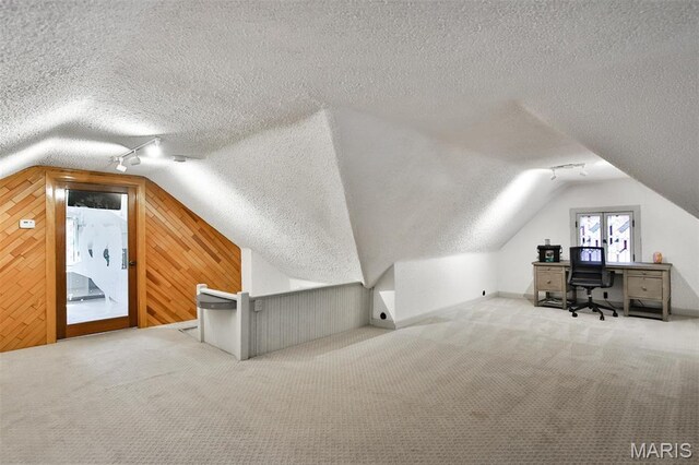 7414 Bruno Ave, Saint Louis, MO 63117 - bonus room featuring lofted ceiling, a textured ceiling, wood walls, and carpet