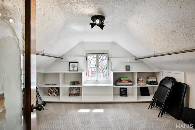 7414 Bruno Ave, Saint Louis, MO 63117 - additional living space with a textured ceiling, carpet flooring, and lofted ceiling