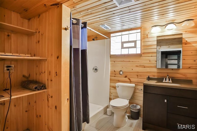 7414 Bruno Ave, Saint Louis, MO 63117 - bathroom featuring wooden ceiling, wood walls, a stall shower, toilet, and vanity