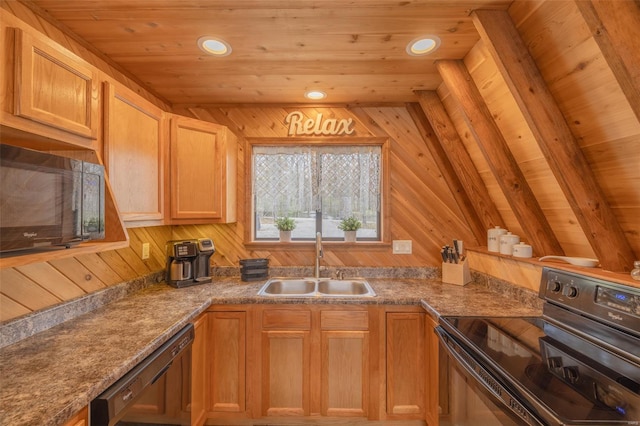 kitchen featuring black appliances, a sink, wooden ceiling, wood walls, and recessed lighting
