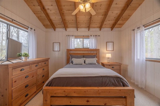 bedroom featuring light carpet, wood ceiling, a ceiling fan, and wooden walls