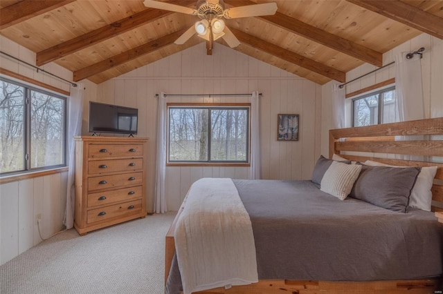 bedroom featuring carpet, wooden walls, and wooden ceiling