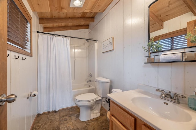 full bathroom featuring toilet, wooden ceiling, beam ceiling, vanity, and stone finish floors