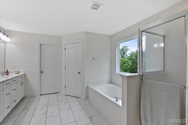 472 Cypress Creek Ln, Imperial, MO 63052 - full bathroom with a bath, double vanity, marble finish flooring, and a shower with shower door
