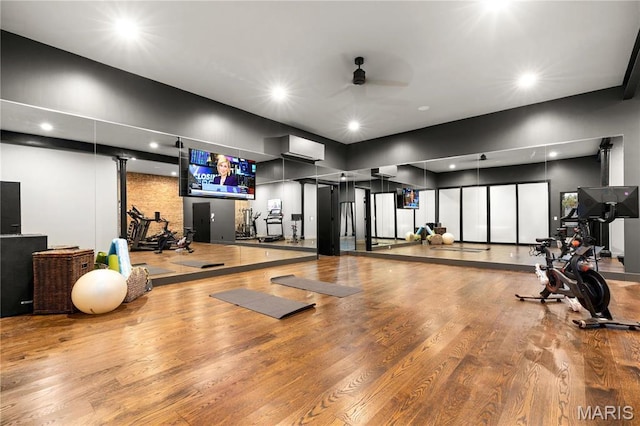 429 N Euclid Ave, Saint Louis, MO 63108 - gym with wood finished floors, ceiling fan, and recessed lighting